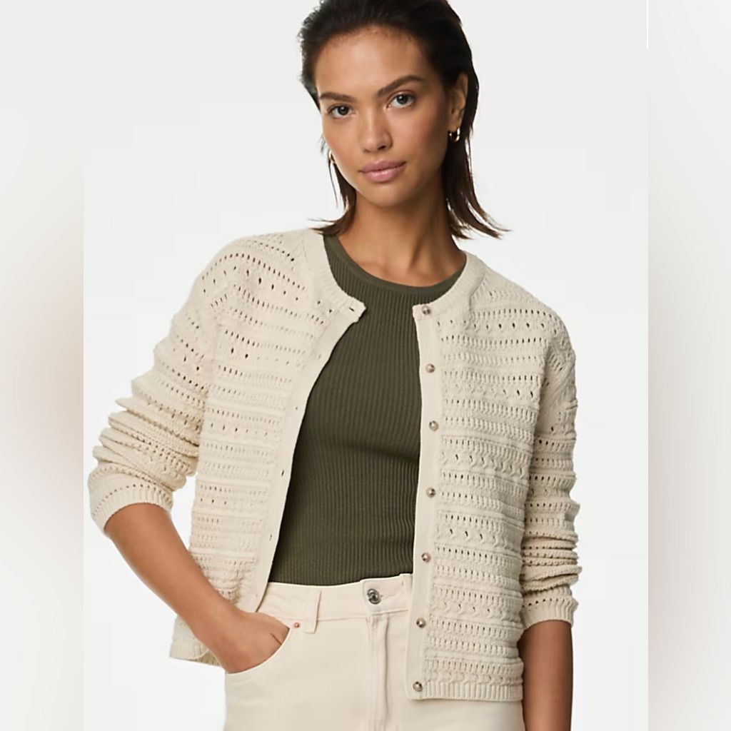 Per Una Cotton Ivory Rich Textured Pointelle Cardigan